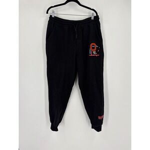 Overtime Mens Black Fleece Joggers Sweatpants Graphic Chenille Patch Size Large